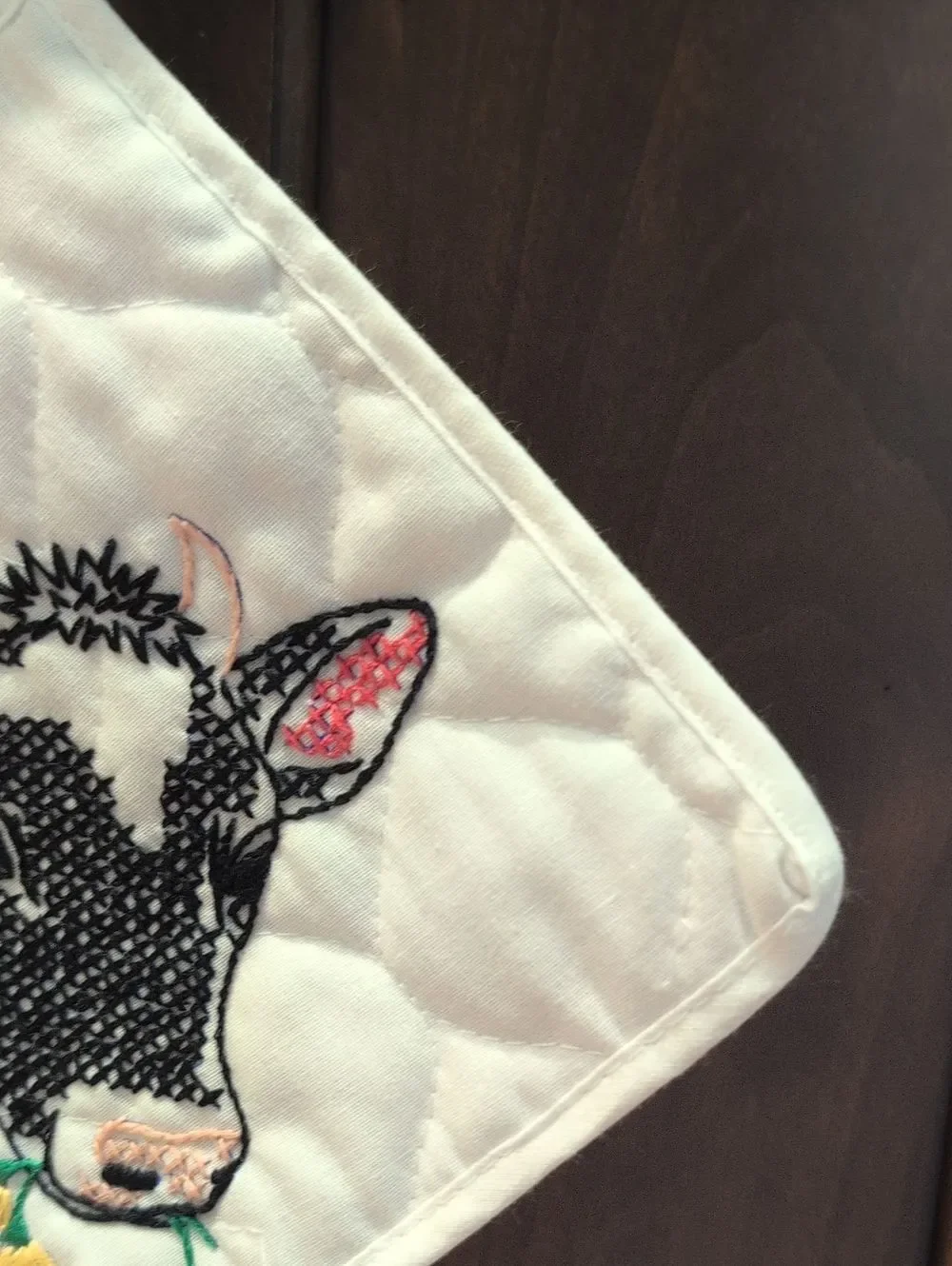 Vintage Handmade Cow Cross-stitch Quilted Square Potholder